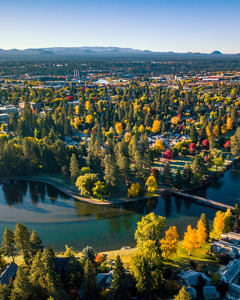 Aerial view of Bend in peak fall color