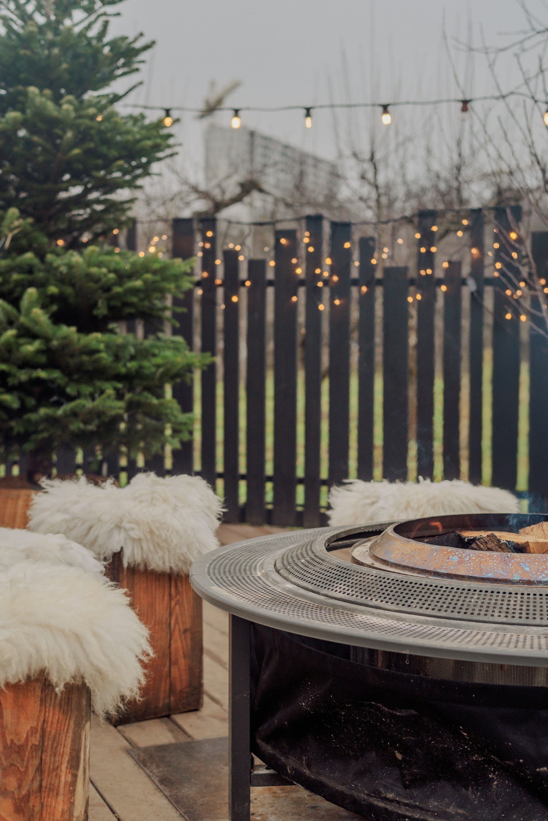Cozy fire pit on a patio after a day on the mountain