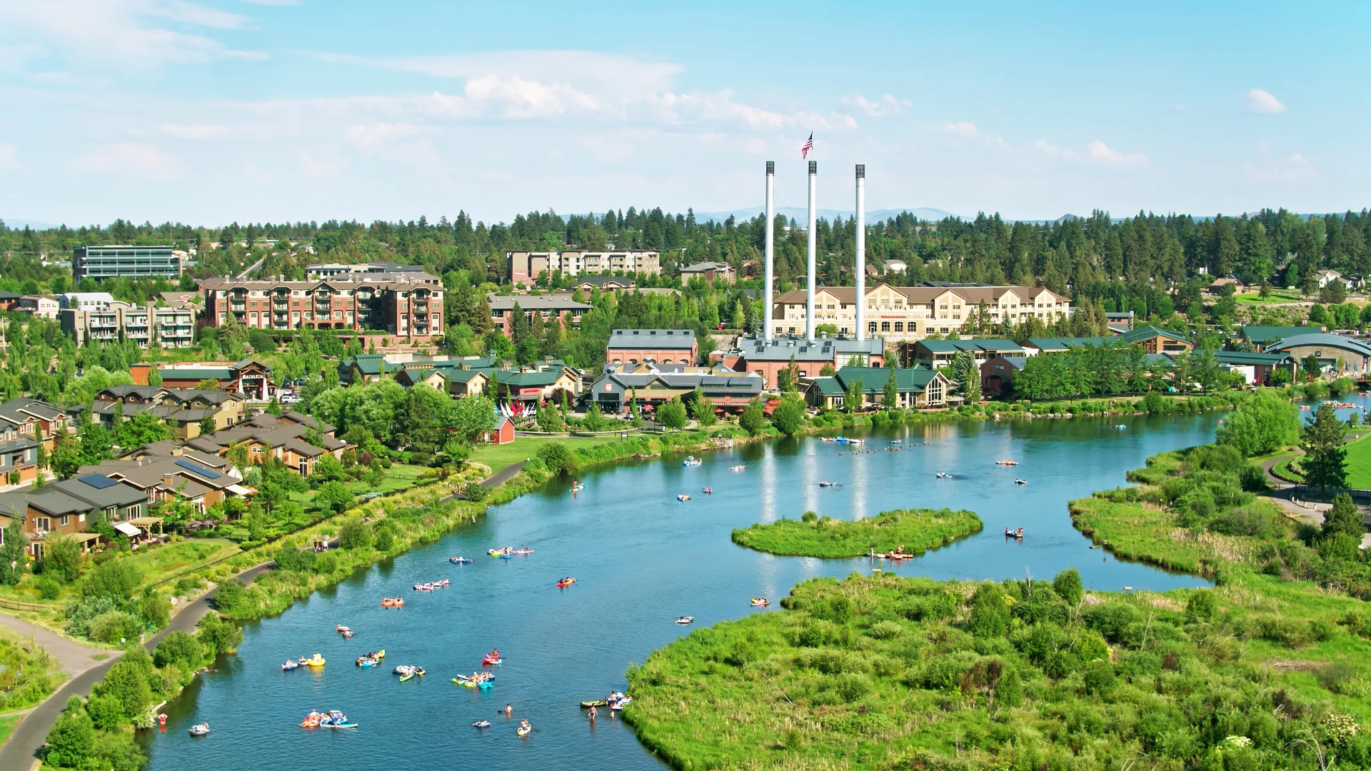 Old Mill District riverfront on a summer afternoon
