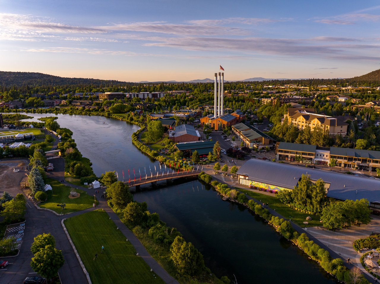 Old Mill District at sunset along the Deschutes
