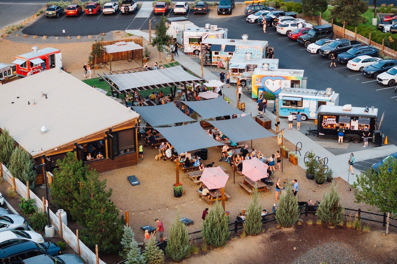 Aerial of the On Tap food-truck lot at golden hour